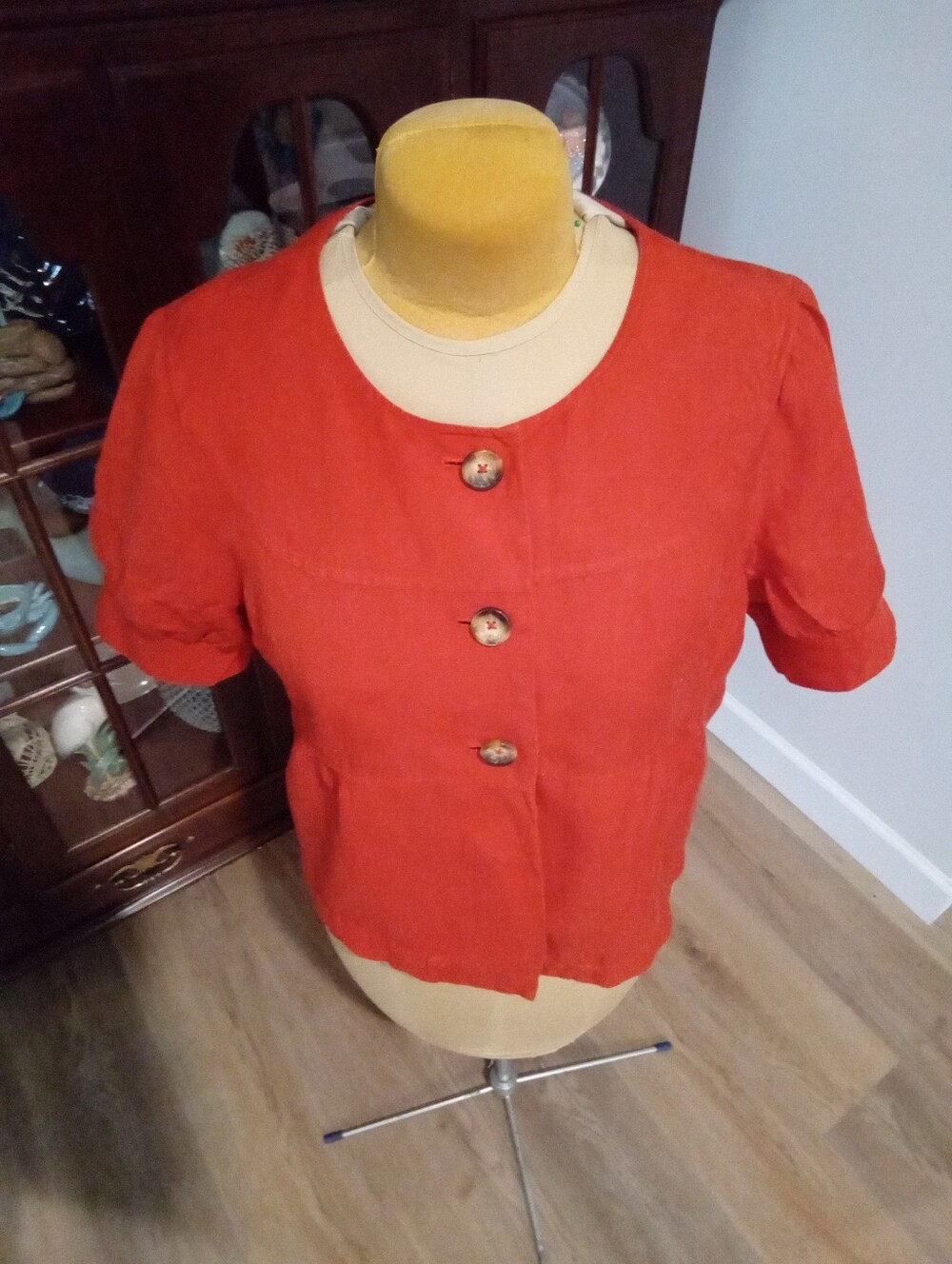 East 5th Orange Button-Front Linen Short Sleeve Jacket/Blazer